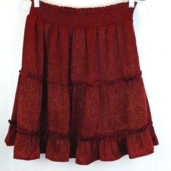 BLU PEPPER  wine with gold shimmer paper boy waist tiered mini skirt sz L - Picture 3 of 6